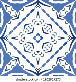 Antique portuguese azulejo ceramic. Original design. Vector seamless pattern illustration. Blue floral and abstract decor for scrapbooking, smartphone cases, T-shirts, bags or linens.
