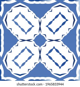Antique portuguese azulejo ceramic. Original design. Vector seamless pattern illustration. Blue floral and abstract decor for scrapbooking, smartphone cases, T-shirts, bags or linens.