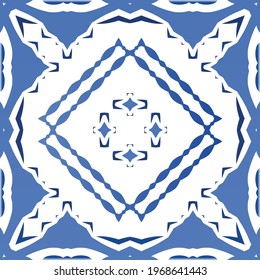 Antique portuguese azulejo ceramic. Original design. Vector seamless pattern illustration. Blue floral and abstract decor for scrapbooking, smartphone cases, T-shirts, bags or linens.