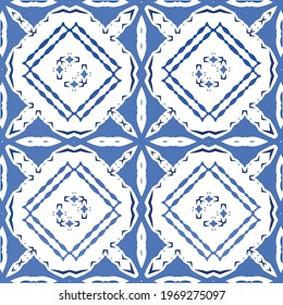 Antique portuguese azulejo ceramic. Original design. Vector seamless pattern illustration. Blue floral and abstract decor for scrapbooking, smartphone cases, T-shirts, bags or linens.