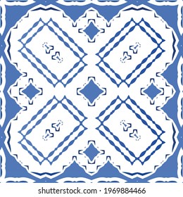 Antique portuguese azulejo ceramic. Original design. Vector seamless pattern illustration. Blue floral and abstract decor for scrapbooking, smartphone cases, T-shirts, bags or linens.