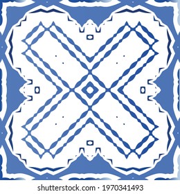 Antique portuguese azulejo ceramic. Original design. Vector seamless pattern illustration. Blue floral and abstract decor for scrapbooking, smartphone cases, T-shirts, bags or linens.