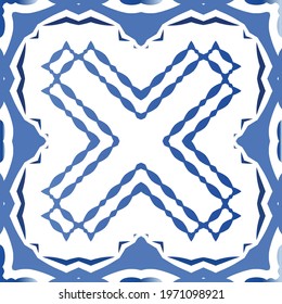 Antique portuguese azulejo ceramic. Original design. Vector seamless pattern illustration. Blue floral and abstract decor for scrapbooking, smartphone cases, T-shirts, bags or linens.