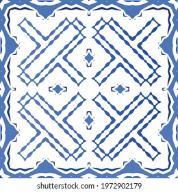 Antique portuguese azulejo ceramic. Original design. Vector seamless pattern illustration. Blue floral and abstract decor for scrapbooking, smartphone cases, T-shirts, bags or linens.