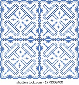 Antique portuguese azulejo ceramic. Original design. Vector seamless pattern illustration. Blue floral and abstract decor for scrapbooking, smartphone cases, T-shirts, bags or linens.