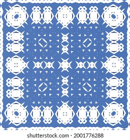Antique portuguese azulejo ceramic. Original design. Vector seamless pattern illustration. Blue floral and abstract decor for scrapbooking, smartphone cases, T-shirts, bags or linens.