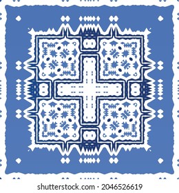 Antique portuguese azulejo ceramic. Original design. Vector seamless pattern illustration. Blue floral and abstract decor for scrapbooking, smartphone cases, T-shirts, bags or linens.