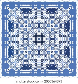 Antique portuguese azulejo ceramic. Original design. Vector seamless pattern illustration. Blue floral and abstract decor for scrapbooking, smartphone cases, T-shirts, bags or linens.