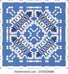 Antique portuguese azulejo ceramic. Original design. Vector seamless pattern illustration. Blue floral and abstract decor for scrapbooking, smartphone cases, T-shirts, bags or linens.