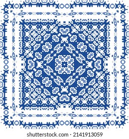 Antique portuguese azulejo ceramic. Original design. Vector seamless pattern theme. Blue floral and abstract decor for scrapbooking, smartphone cases, T-shirts, bags or linens.