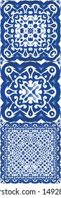 Antique portuguese azulejo ceramic. Set of vector seamless patterns. Minimal design. Blue floral and abstract decor for scrapbooking, smartphone cases, T-shirts, bags or linens.