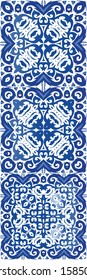 Antique portuguese azulejo ceramic. Set of vector seamless patterns. Hand drawn design. Blue floral and abstract decor for scrapbooking, smartphone cases, T-shirts, bags or linens.