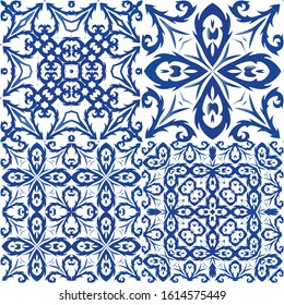 Antique portuguese azulejo ceramic. Set of vector seamless patterns. Modern design. Blue floral and abstract decor for scrapbooking, smartphone cases, T-shirts, bags or linens.