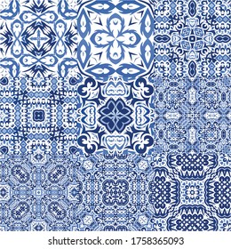 Antique portuguese azulejo ceramic. Set of vector seamless patterns. Original design. Blue floral and abstract decor for scrapbooking, smartphone cases, T-shirts, bags or linens.