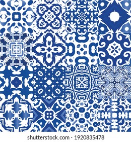 Antique portuguese azulejo ceramic. Set of vector seamless patterns. Geometric design. Blue floral and abstract decor for scrapbooking, smartphone cases, T-shirts, bags or linens.