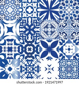 Antique portuguese azulejo ceramic. Set of vector seamless patterns. Hand drawn design. Blue floral and abstract decor for scrapbooking, smartphone cases, T-shirts, bags or linens.