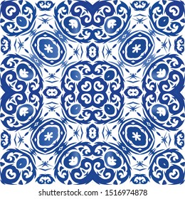 Antique portuguese azulejo ceramic. Stylish design. Vector seamless pattern collage. Blue floral and abstract decor for scrapbooking, smartphone cases, T-shirts, bags or linens.
