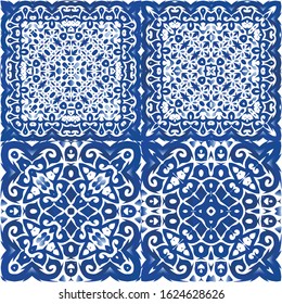 Antique portuguese azulejo ceramic. Stylish design. Set of vector seamless patterns. Blue floral and abstract decor for scrapbooking, smartphone cases, T-shirts, bags or linens.