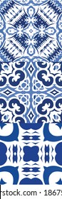 Antique portuguese azulejo ceramic. Stylish design. Kit of vector seamless patterns. Blue floral and abstract decor for scrapbooking, smartphone cases, T-shirts, bags or linens.