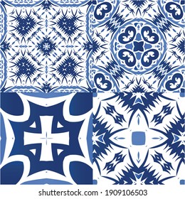 Antique portuguese azulejo ceramic. Stylish design. Set of vector seamless patterns. Blue floral and abstract decor for scrapbooking, smartphone cases, T-shirts, bags or linens.