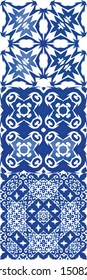 Antique portuguese azulejo ceramic. Universal design. Set of vector seamless patterns. Blue floral and abstract decor for scrapbooking, smartphone cases, T-shirts, bags or linens.