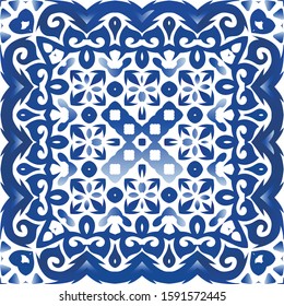 Antique portuguese azulejo ceramic. Universal design. Vector seamless pattern template. Blue floral and abstract decor for scrapbooking, smartphone cases, T-shirts, bags or linens.