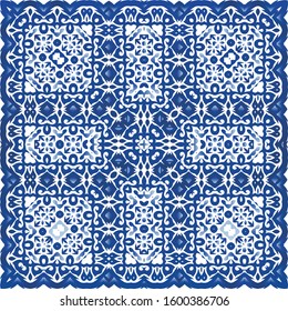 Antique portuguese azulejo ceramic. Universal design. Vector seamless pattern texture. Blue floral and abstract decor for scrapbooking, smartphone cases, T-shirts, bags or linens.