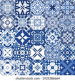 Antique portuguese azulejo ceramic. Universal design. Collection of vector seamless patterns. Blue floral and abstract decor for scrapbooking, smartphone cases, T-shirts, bags or linens.