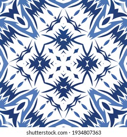 Antique portuguese azulejo ceramic. Universal design. Vector seamless pattern texture. Blue floral and abstract decor for scrapbooking, smartphone cases, T-shirts, bags or linens.