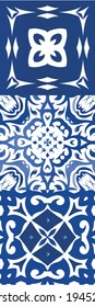 Antique portuguese azulejo ceramic. Universal design. Kit of vector seamless patterns. Blue floral and abstract decor for scrapbooking, smartphone cases, T-shirts, bags or linens.