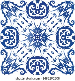 Antique portuguese azulejo ceramic. Vector seamless pattern frame. Modern design. Blue floral and abstract decor for scrapbooking, smartphone cases, T-shirts, bags or linens.