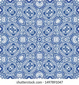 Antique portuguese azulejo ceramic. Vector seamless pattern concept. Bathroom design. Blue floral and abstract decor for scrapbooking, smartphone cases, T-shirts, bags or linens.