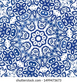 Antique portuguese azulejo ceramic. Vector seamless pattern collage. Original design. Blue floral and abstract decor for scrapbooking, smartphone cases, T-shirts, bags or linens.