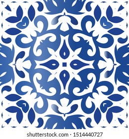 Antique portuguese azulejo ceramic. Vector seamless pattern illustration. Fashionable design. Blue floral and abstract decor for scrapbooking, smartphone cases, T-shirts, bags or linens.