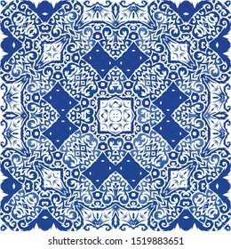 Antique portuguese azulejo ceramic. Vector seamless pattern collage. Modern design. Blue floral and abstract decor for scrapbooking, smartphone cases, T-shirts, bags or linens.
