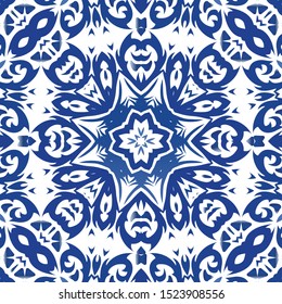 Antique portuguese azulejo ceramic. Vector seamless pattern collage. Original design. Blue floral and abstract decor for scrapbooking, smartphone cases, T-shirts, bags or linens.
