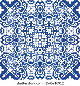 Antique portuguese azulejo ceramic. Vector seamless pattern illustration. Universal design. Blue floral and abstract decor for scrapbooking, smartphone cases, T-shirts, bags or linens.