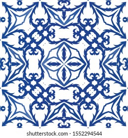 Antique portuguese azulejo ceramic. Vector seamless pattern concept. Modern design. Blue floral and abstract decor for scrapbooking, smartphone cases, T-shirts, bags or linens.