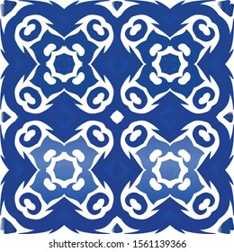 Antique portuguese azulejo ceramic. Vector seamless pattern watercolor. Creative design. Blue floral and abstract decor for scrapbooking, smartphone cases, T-shirts, bags or linens.