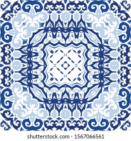 Antique portuguese azulejo ceramic. Vector seamless pattern trellis. Hand drawn design. Blue floral and abstract decor for scrapbooking, smartphone cases, T-shirts, bags or linens.