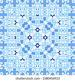 Antique portuguese azulejo ceramic. Vector seamless pattern concept. Fashionable design. Blue floral and abstract decor for scrapbooking, smartphone cases, T-shirts, bags or linens.