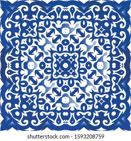 Antique portuguese azulejo ceramic. Vector seamless pattern poster. Universal design. Blue floral and abstract decor for scrapbooking, smartphone cases, T-shirts, bags or linens.