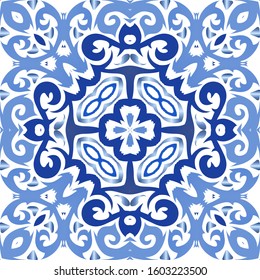 Antique portuguese azulejo ceramic. Vector seamless pattern concept. Fashionable design. Blue floral and abstract decor for scrapbooking, smartphone cases, T-shirts, bags or linens.