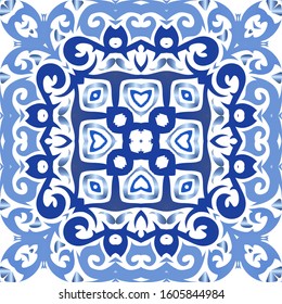 Antique portuguese azulejo ceramic. Vector seamless pattern concept. Fashionable design. Blue floral and abstract decor for scrapbooking, smartphone cases, T-shirts, bags or linens.