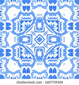 Antique portuguese azulejo ceramic. Vector seamless pattern collage. Original design. Blue floral and abstract decor for scrapbooking, smartphone cases, T-shirts, bags or linens.