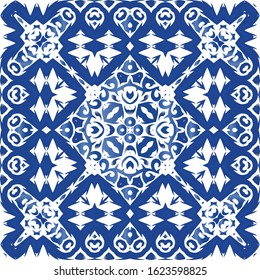 Antique portuguese azulejo ceramic. Vector seamless pattern template. Geometric design. Blue floral and abstract decor for scrapbooking, smartphone cases, T-shirts, bags or linens.