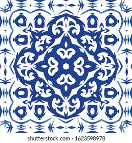 Antique portuguese azulejo ceramic. Vector seamless pattern texture. Colored design. Blue floral and abstract decor for scrapbooking, smartphone cases, T-shirts, bags or linens.