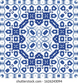 Antique portuguese azulejo ceramic. Vector seamless pattern texture. Colored design. Blue floral and abstract decor for scrapbooking, smartphone cases, T-shirts, bags or linens.