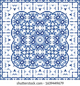 Antique portuguese azulejo ceramic. Vector seamless pattern trellis. Hand drawn design. Blue floral and abstract decor for scrapbooking, smartphone cases, T-shirts, bags or linens.