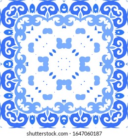 Antique portuguese azulejo ceramic. Vector seamless pattern trellis. Hand drawn design. Blue floral and abstract decor for scrapbooking, smartphone cases, T-shirts, bags or linens.
